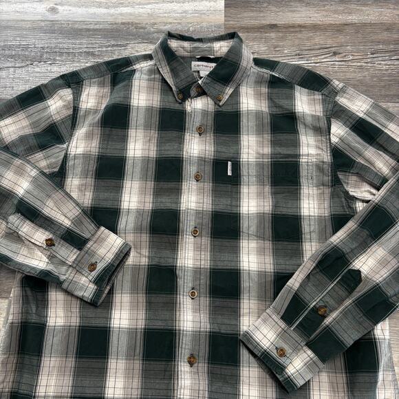 Carhartt Flannel Tartan Plaid Gray White Green Mens L Relaxed Button Twill Shirt - Picture 1 of 8